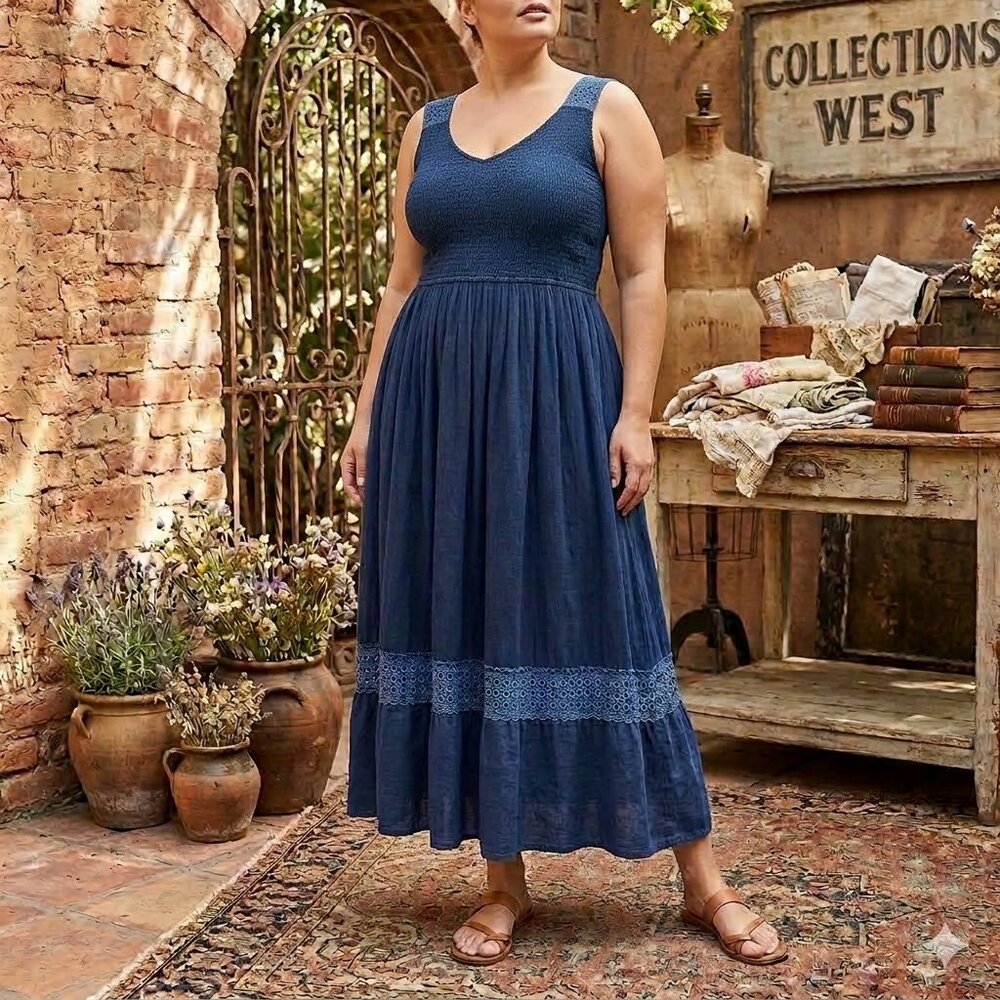 NWT Studio West Plus Size 2X Blue Peasant Summer Dress Coastal Cowgirl Boho